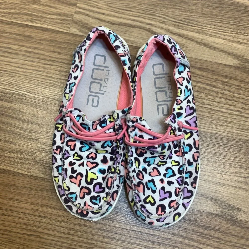 Hey‎ Dude Wendy Youth Pink White Leopard Heart Slip On Loafer Shoe US Kids Y3 L4